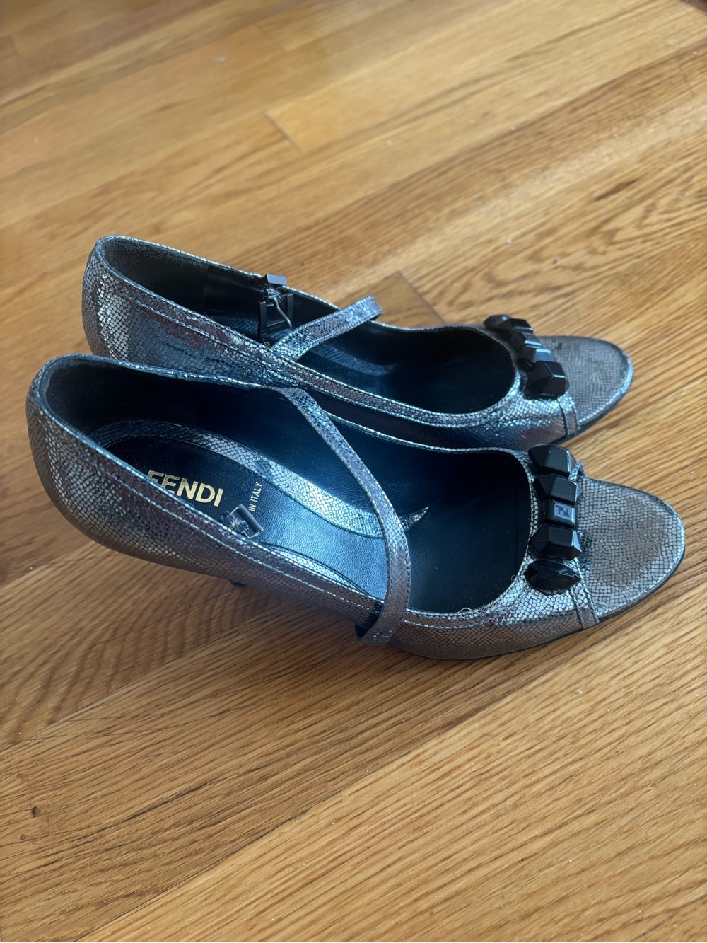 Fendi Silver Textured Mary Jane Open Toe Pumps with Black Gem Accents Size 37